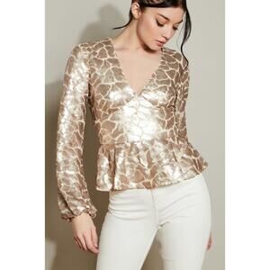 HUTCH NWT Montana Top Blouse Peplum Long Sleeve Gold Sequin Embroidery Large